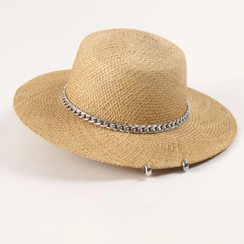 Luxury Designer Wide Brim Boater Hat for Women Chain Strap Rivet Straw Hat Summer Hat Sun Hat Party Derby Travel Beach Hat