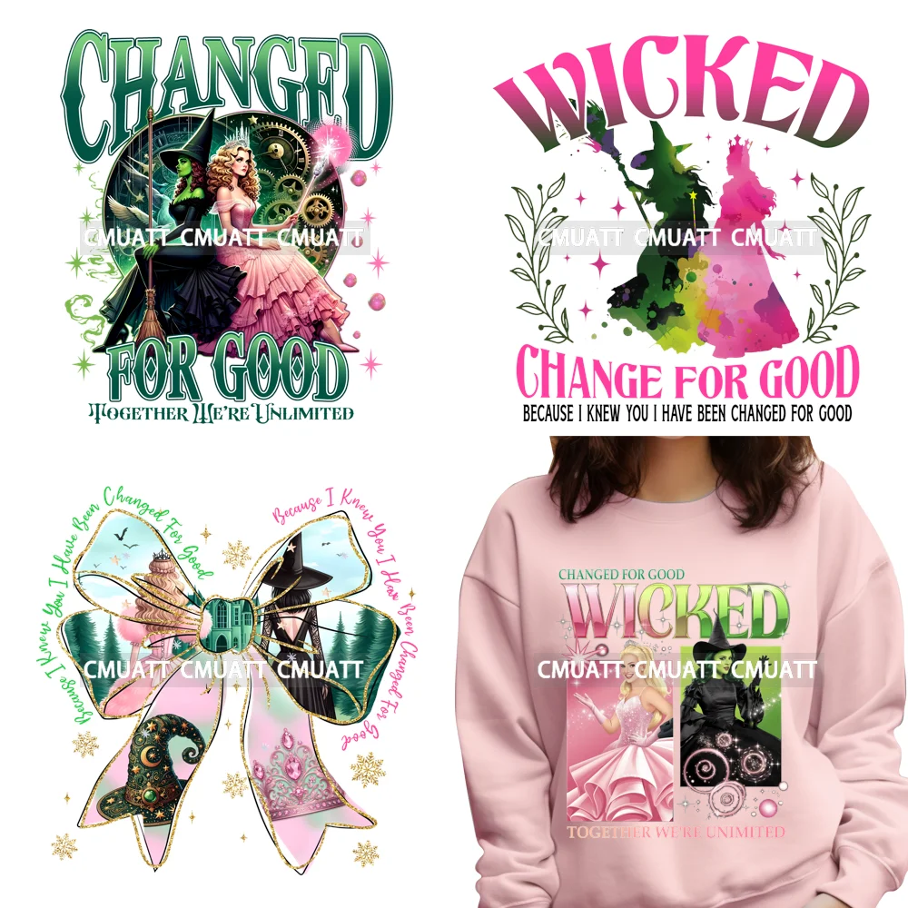 

Cool Witches Change For Good Pink Green Coquette Bow Magic Broom Wand Iron on DTF Transfers Stickers Ready to Press for Clothes