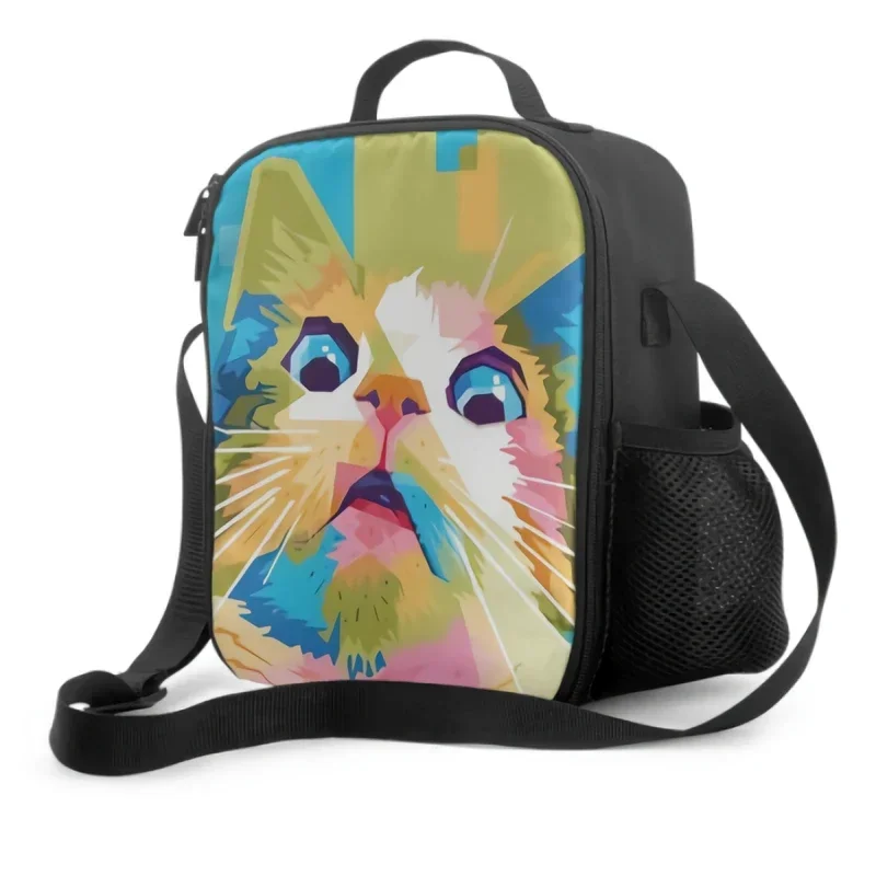 Funny Cat On Pop Art Style Insulated Lunch Bag for School Work Picnic Abstract Painting Tote Lunch Container Reusable Cooler Bag