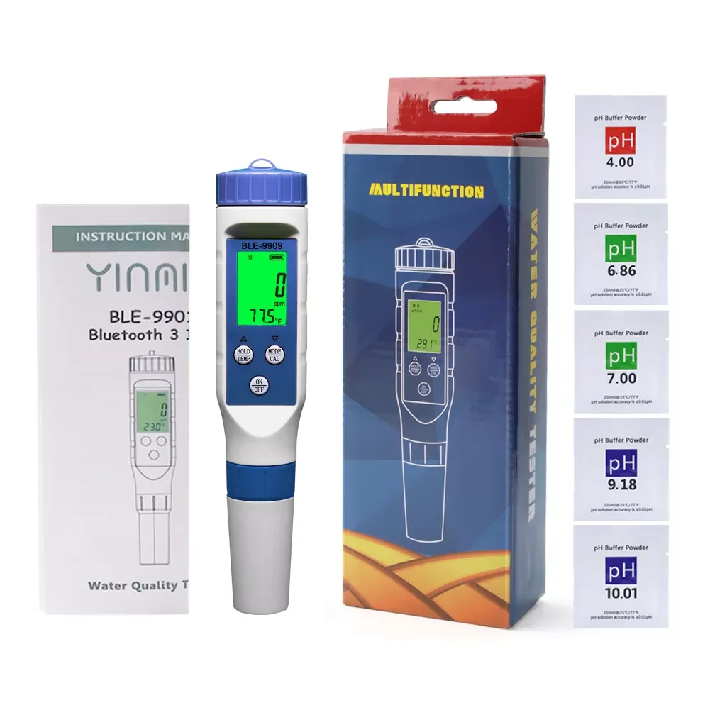 Smart for pH Meter 5-in-1 PH/EC/TDS/Salinity/Temperature Tester BLE-9909 Powered by Mobile App LR44 Battery