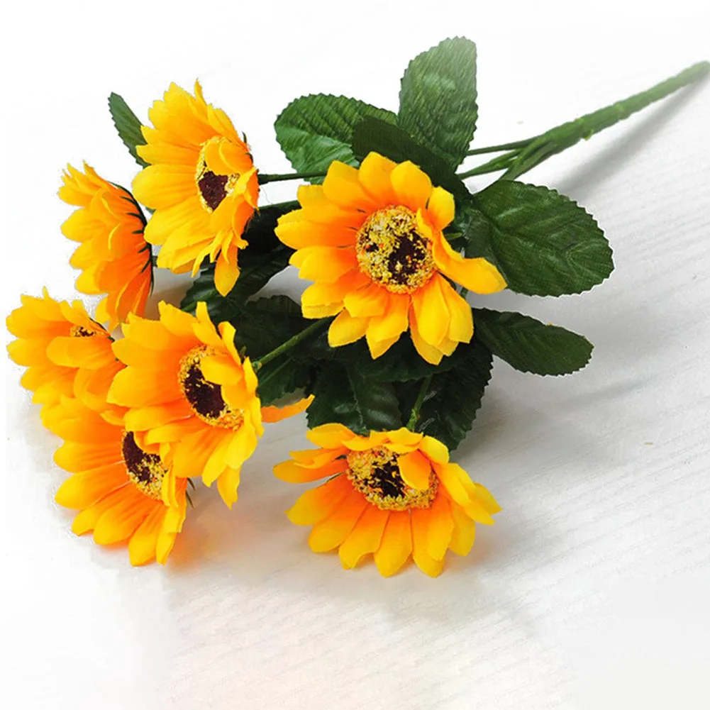 7 Heads Artificial Flowers Sunflowers Silk Fake Flower Bouquet Garden Wedding Photography Ornaments Home Party Decor Bouquet