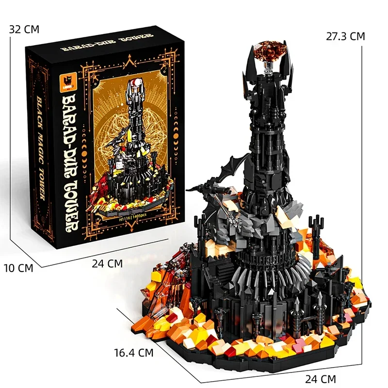 

1405 шт., новинка 2025 года, черная башня, волшебный Gastle, кольца Лорда, строительные блоки, архитектурная модель, сборные кирпичи, игрушка в подарок для детей и взрослых