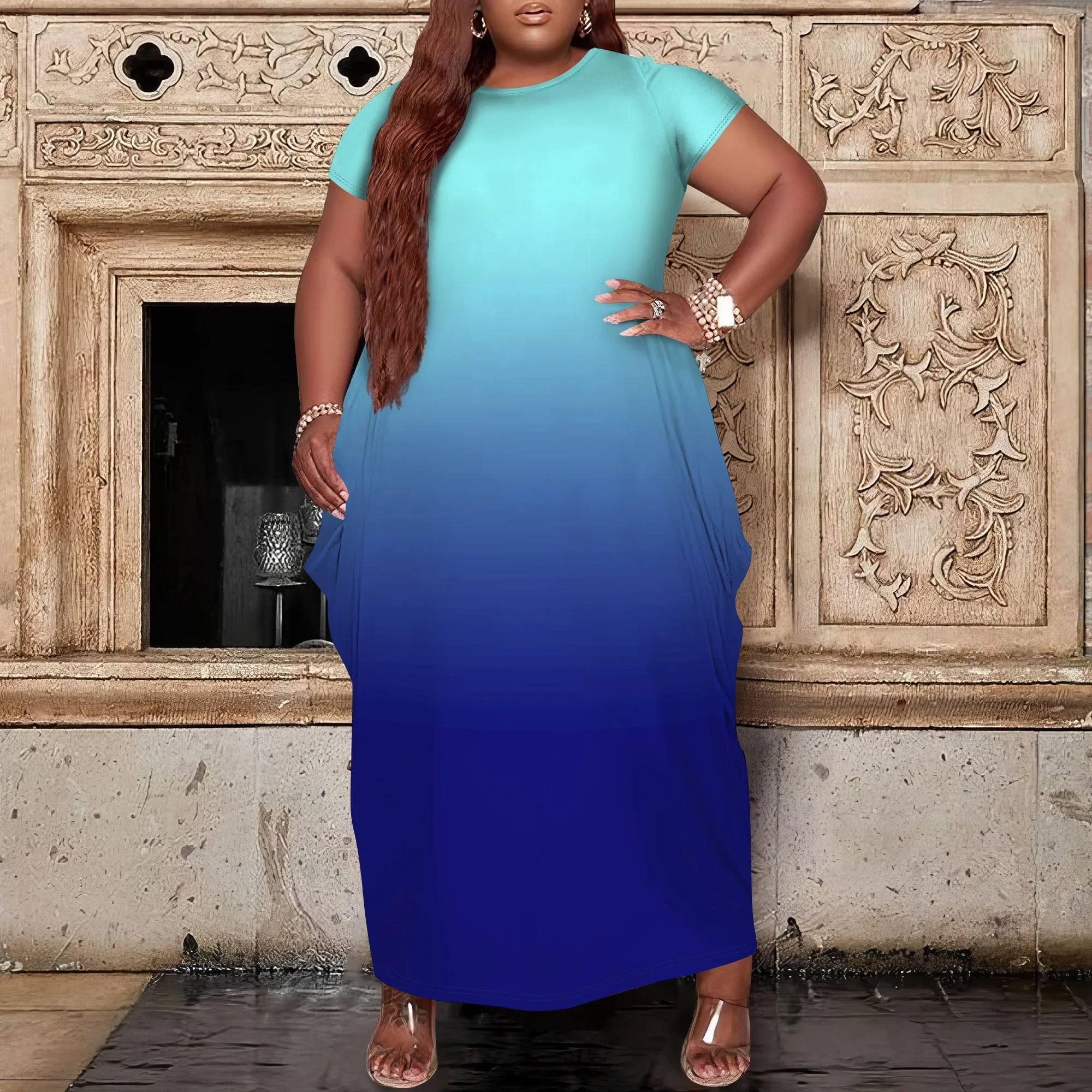 

Nupusa Blue Green Ombre Print Dress for Women Plus Size Summer Casual Round Neck Short Sleeve Maxi Dress