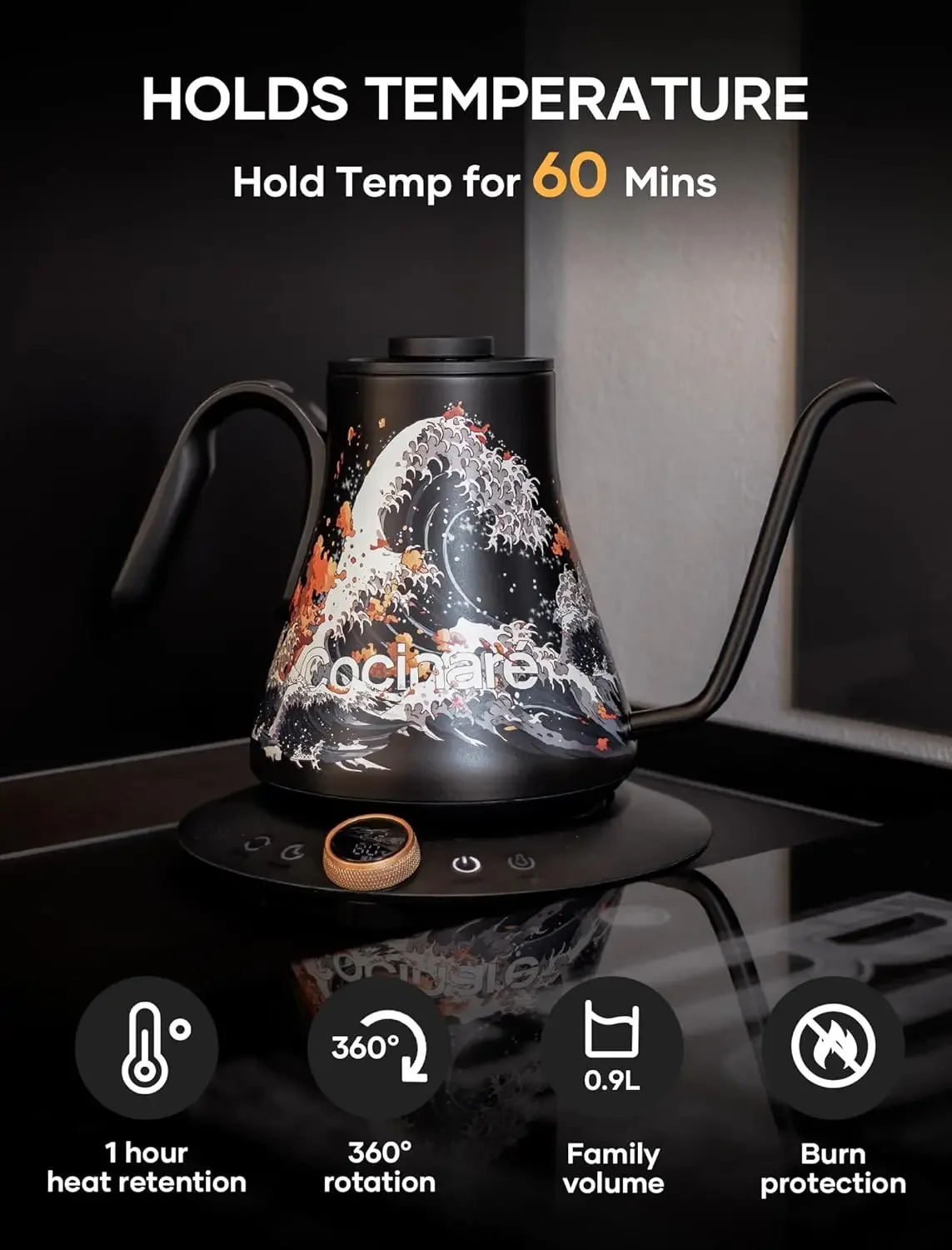 Electric Gooseneck Kettle with Temperature Control, Pour Over Coffee & Tea, 1200W for 180-sec Quick Boil Time, 600g Ult