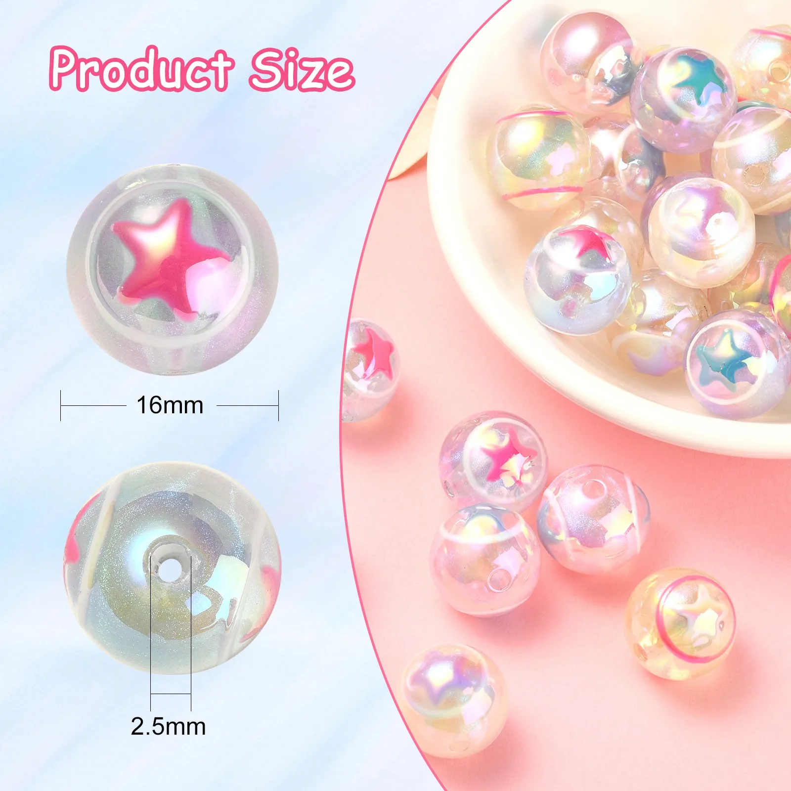 30Pcs 5 Colors 16mm Acrylic Round Beads Star Pattern Bubblegum Spacer Beads Round Ball Beads for DIY Craft Jewelry Making