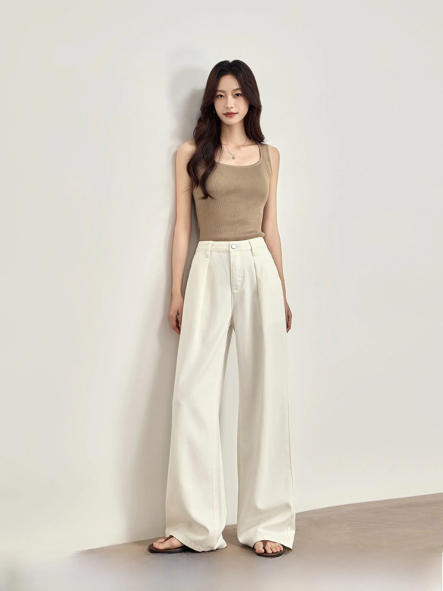 

Summer Ladies Wide Leg Jeans Thin Hanging Sensation Silk Cotton Blend l Waist Button Closure Wear Resistant