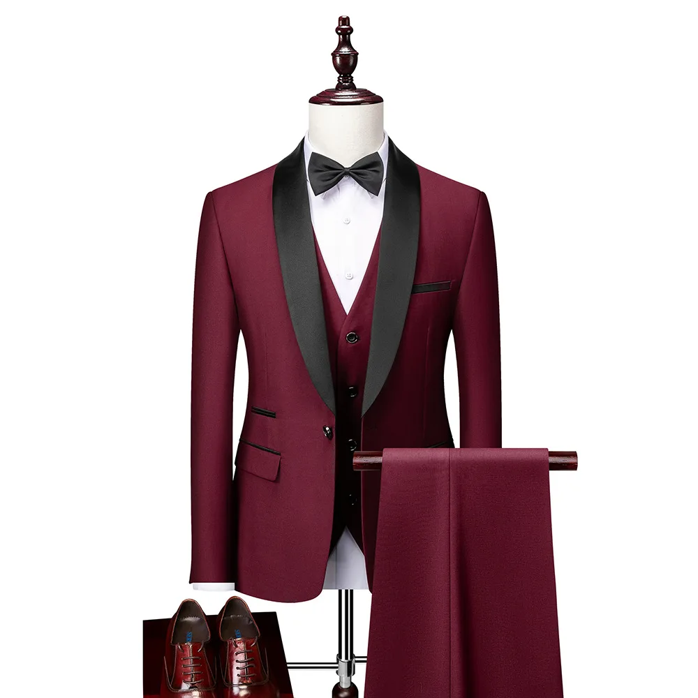 KIDWHXR Man 3-piece Set British Style Contrast Color Single-breasted Men Outfit Long Sleeve Pocket Slim Wedding Groom Suits