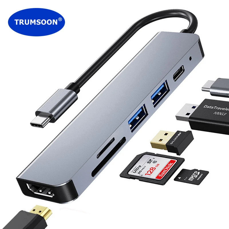 Trumsoon USB C Hub to 4K HDMI-Compatible SD TF Card Reader USB 3.0 Type C Docking for Macbook iPad Samsung S20 Dex TV Projector