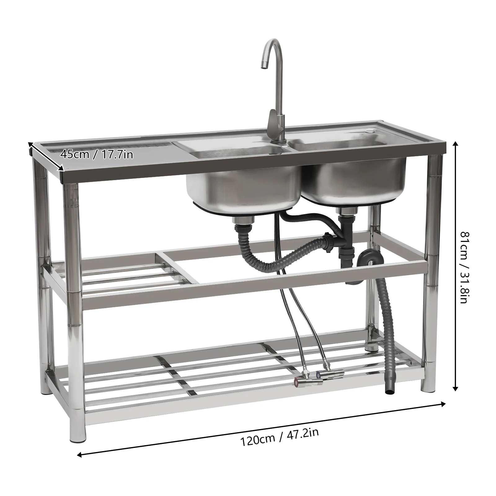 

2 Compartment Commercial Sink Stainless Steel Kitchen Utility Sink w/ Prep Table Cold & Hot Water For Garages, Basements