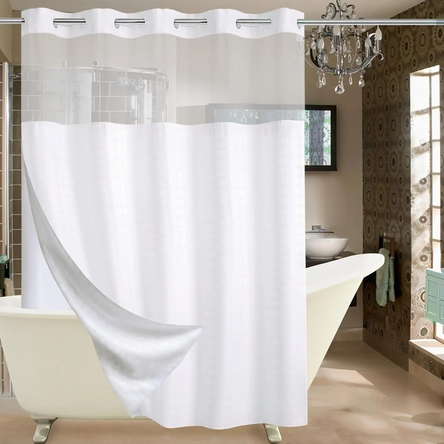 

No Hook Shower Curtain with Snap in Liner Set, Hotel Luxury White Shower Curtains for Bathroom with See Through Top