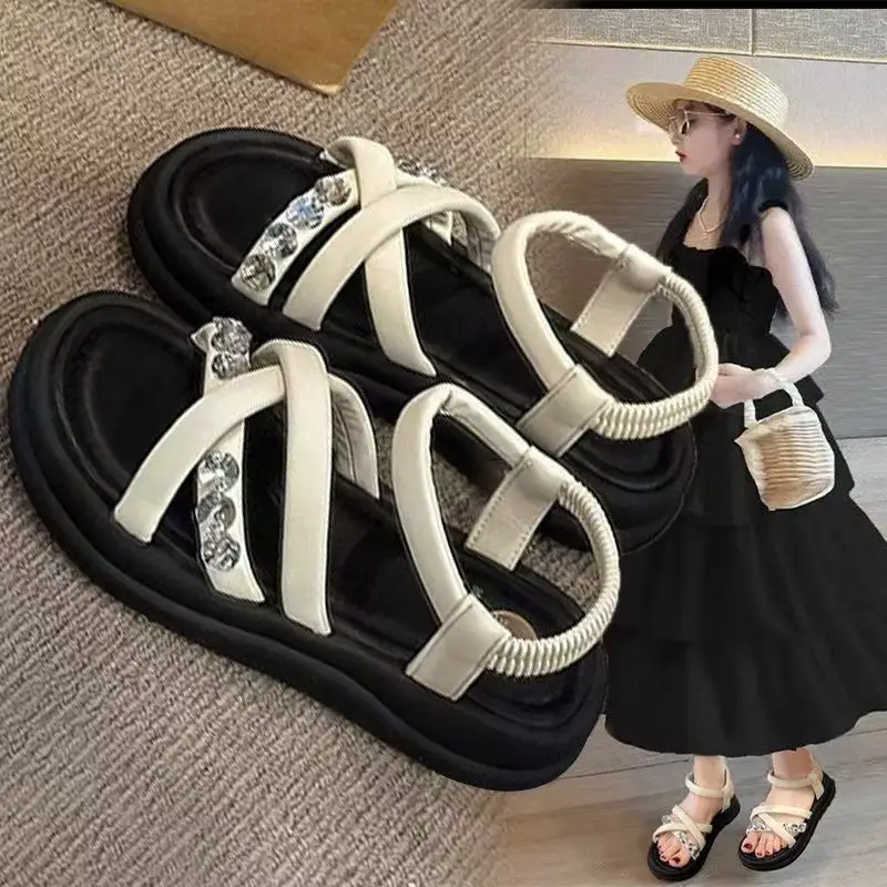 New Children's Rhinestone Sandals Summer Chic Cross Strap Girls Platform Beach Shoes Open-toe Hollow-out Kids Fashion Sandals