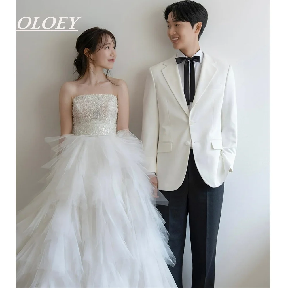 OLOEY Luxury Strapless A-line Wedding Dress Muti-layered Tulle Floor Length Bridal Gown Customized Korea Photoshoot Corset Back