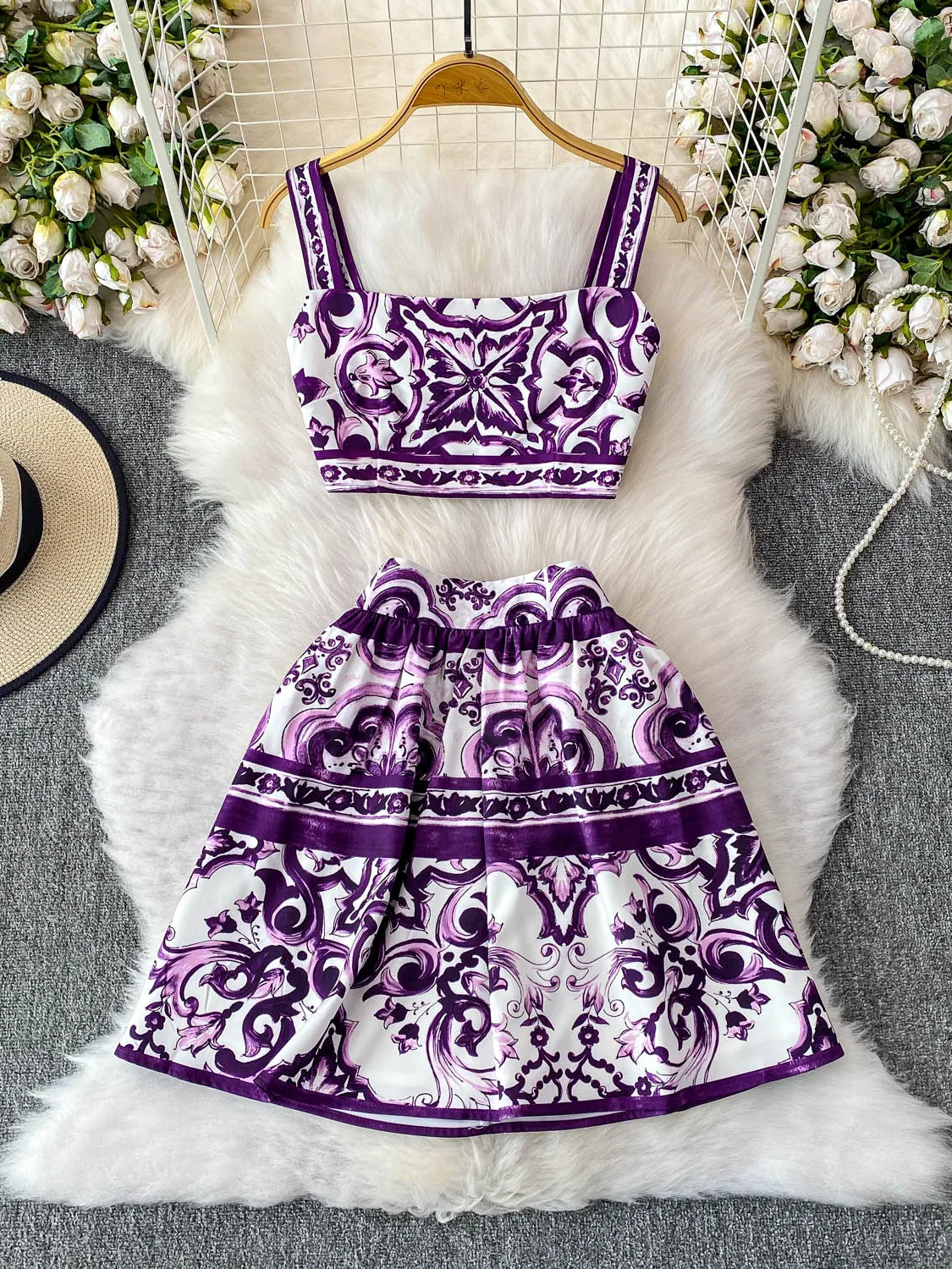 

New 2025 Luxury Print ort Crop Top And High Waist Skirt Set Anti-Light ort Dr Two-Piece Set Zipper Closure