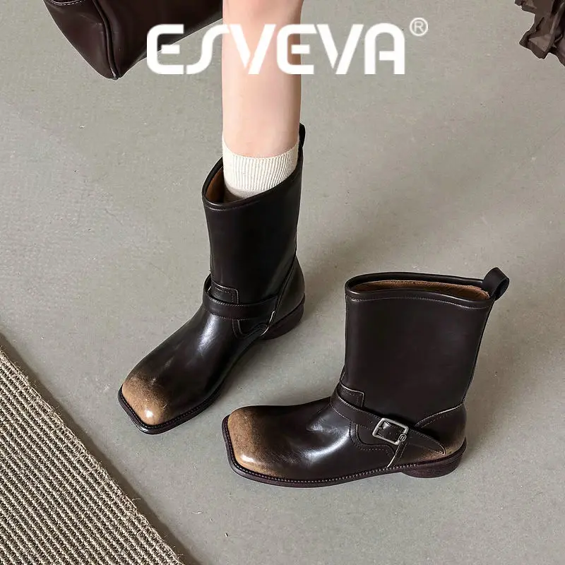 ESVEVA 2027 Fashion Women Mid Calf Boots Winter Woman Shoes Low Heels Genuine Leather Retro Buckle Autumn Short Boots 34-41