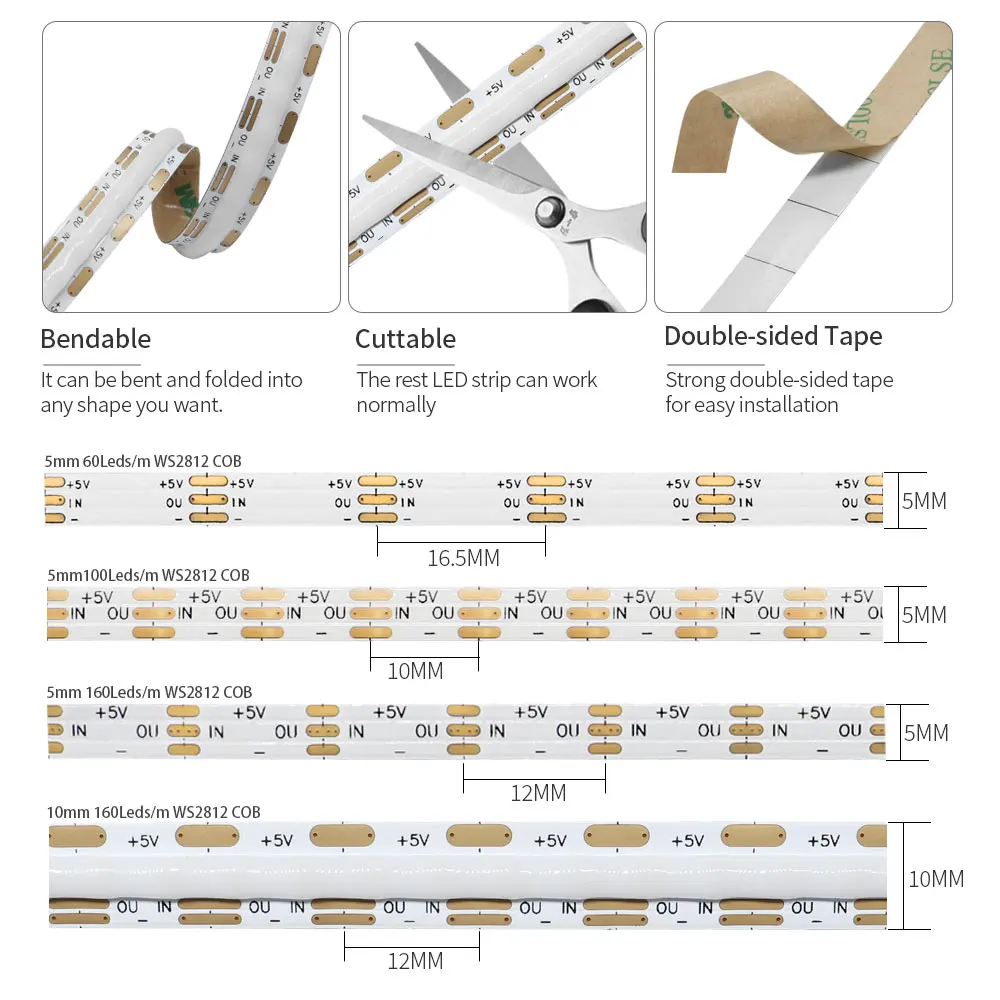 WS2812 RGBIC COB LED lights Individually Addressable Led strip 60/160/200Led/m WS2812B Smart Color strips with controller DC5V