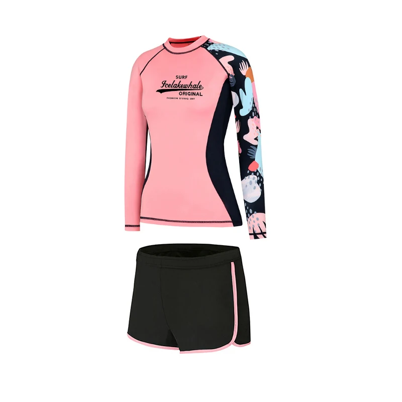 wisuwore 2023 New Women Sports Swimwear Rash Guard Solid Pink Long Sleeve Split Swimsuit Slim Surfing Swimwear Diving Suit