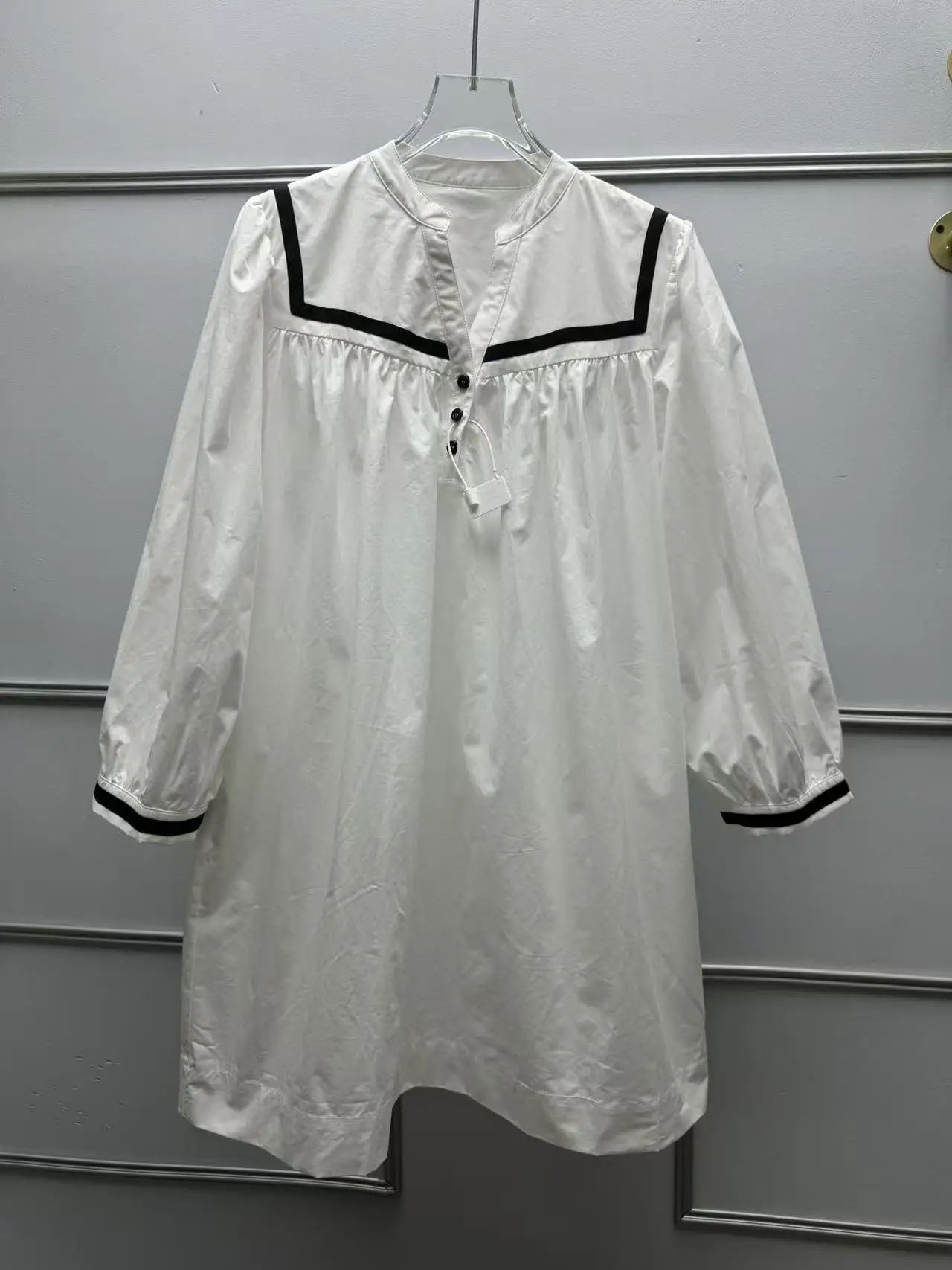 

Cute White Button Design Doll Skirt Dress Women's Spring Summer New Style Retro Sweet Cotton Casual V-neck Loose Type