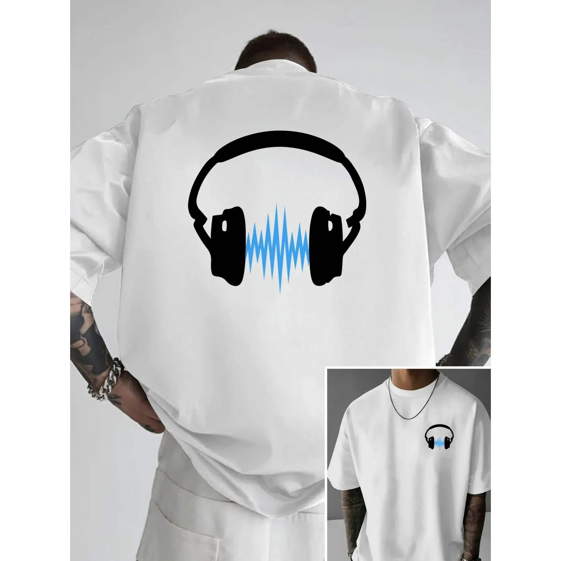 Men's Drop-Shoulder Plus Size Printed T-Shirt, Music Headphones, Audio Waveform Double-Sided Pattern