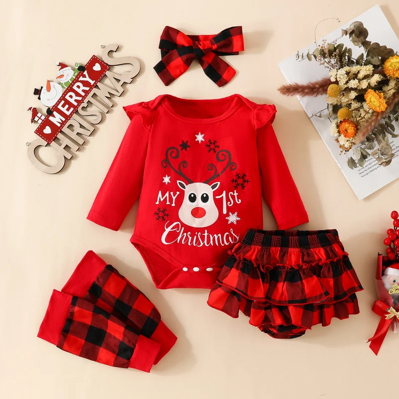 

Baby Girls Christmas four-piece Set long-sleeved Newborn Kids letters doe head triangle Harem+Plaid Shorts+Pants cover+Headband