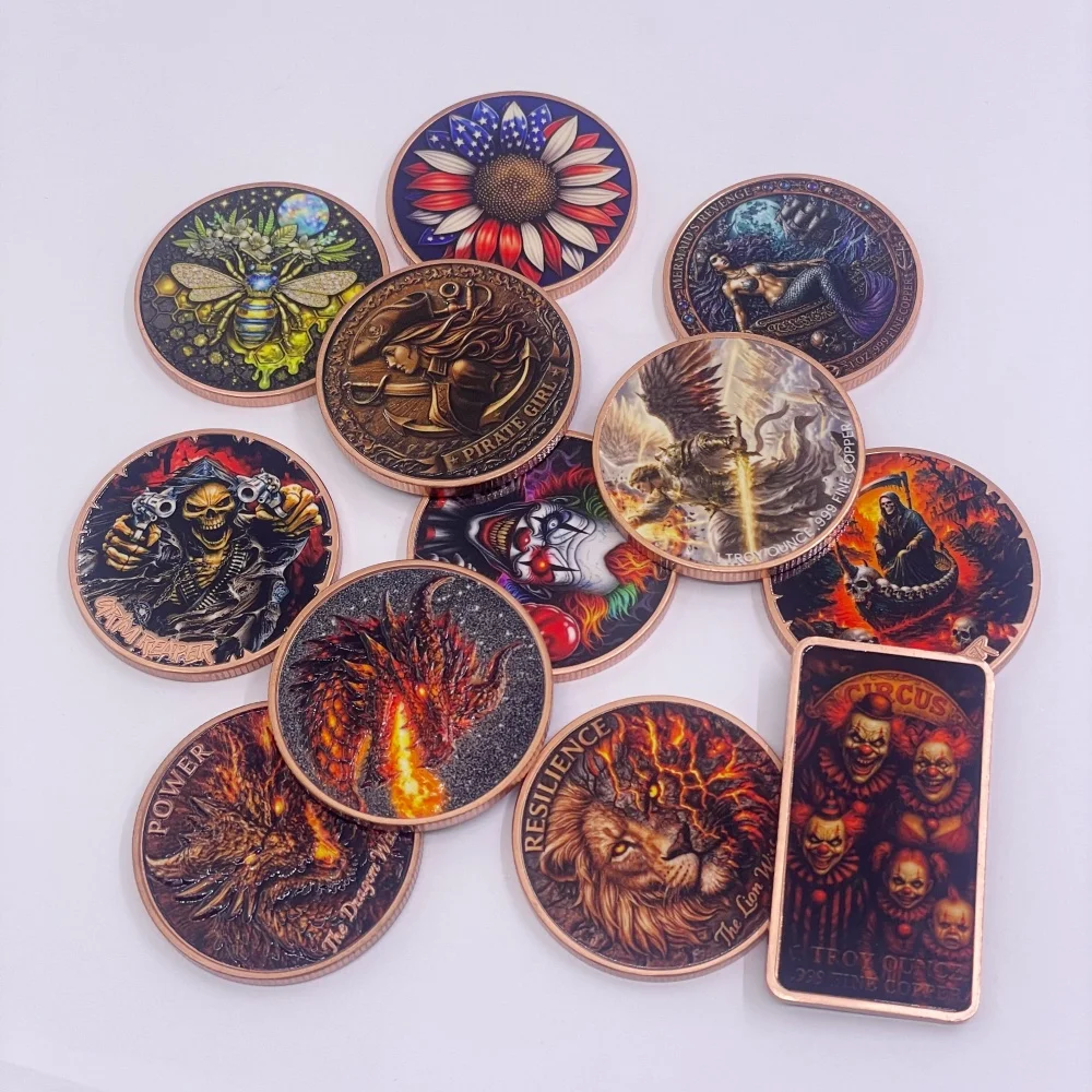 1oz .999Copper Challenge Coin Grim Reaper Pirate Dragon Mermaid Clown Bee Lion Eagle Vintage Gothic Commemorative Coin Gift