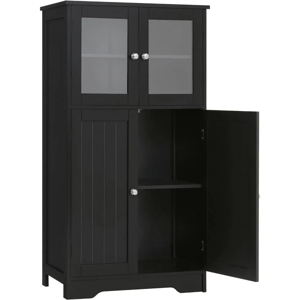 

Bathroom Cabinet, Linen Storage Cabinet with Glass Doors & Adjustble Shelf, Bathroom Floor Cabinet, Cupboard