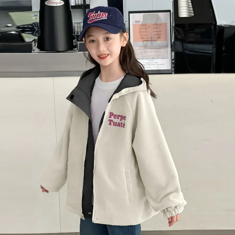 2025 New Reversible Fleece Lined Kids Windbreaker Jacket Double Sided Outdoor Windproof Coat for Toddler Girls Spring Autumn