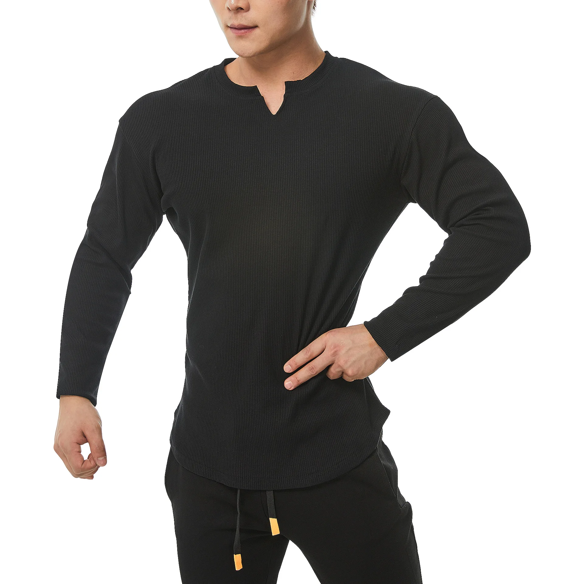 Knitted Long Sleeved T-shirt Men's Tight T Shirts Pit Cloth Solid V-neck Pullover Tee Men's Base Shirt Muscular Invisible Shirt