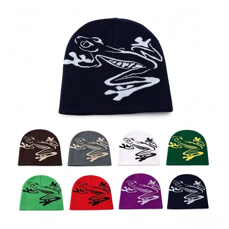 Tree Frog Print Beanie Men Women, Stretchy Knit Skull Cap for Outdoor Sports, Casual Streetwear, Unisex Cuffed Winter Hat