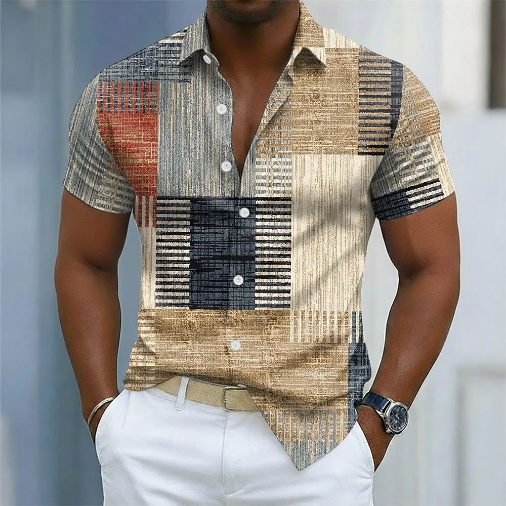 Men's Geometric Color Block Shirt Button Up Long Sleeve Casual Streetwear 3D Print Turndown Shirt Blue Purple Green Khaki