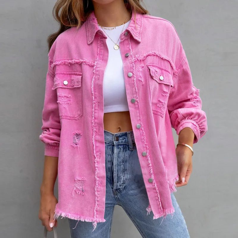 WPNAKS Women Ripped Distressed Denim Jacket Spring Autumn Clothes Long Sleeve Button Down Boyfriend Jean Coat Trucker Jacket