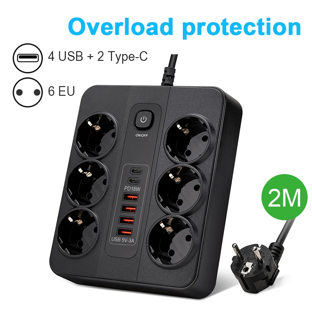 

EU Plug 6AC Outlet 2M Cable Overload Protection USB Type C Ports Extension Socket With Safety Switch Power Strip For Office Home