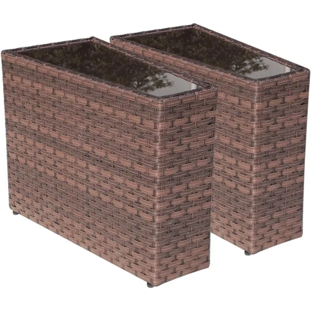 Rattan PE Resin Wicker Patio Side Table 2-Pack Sofa Wedge End Table with Tempered Glass Top,