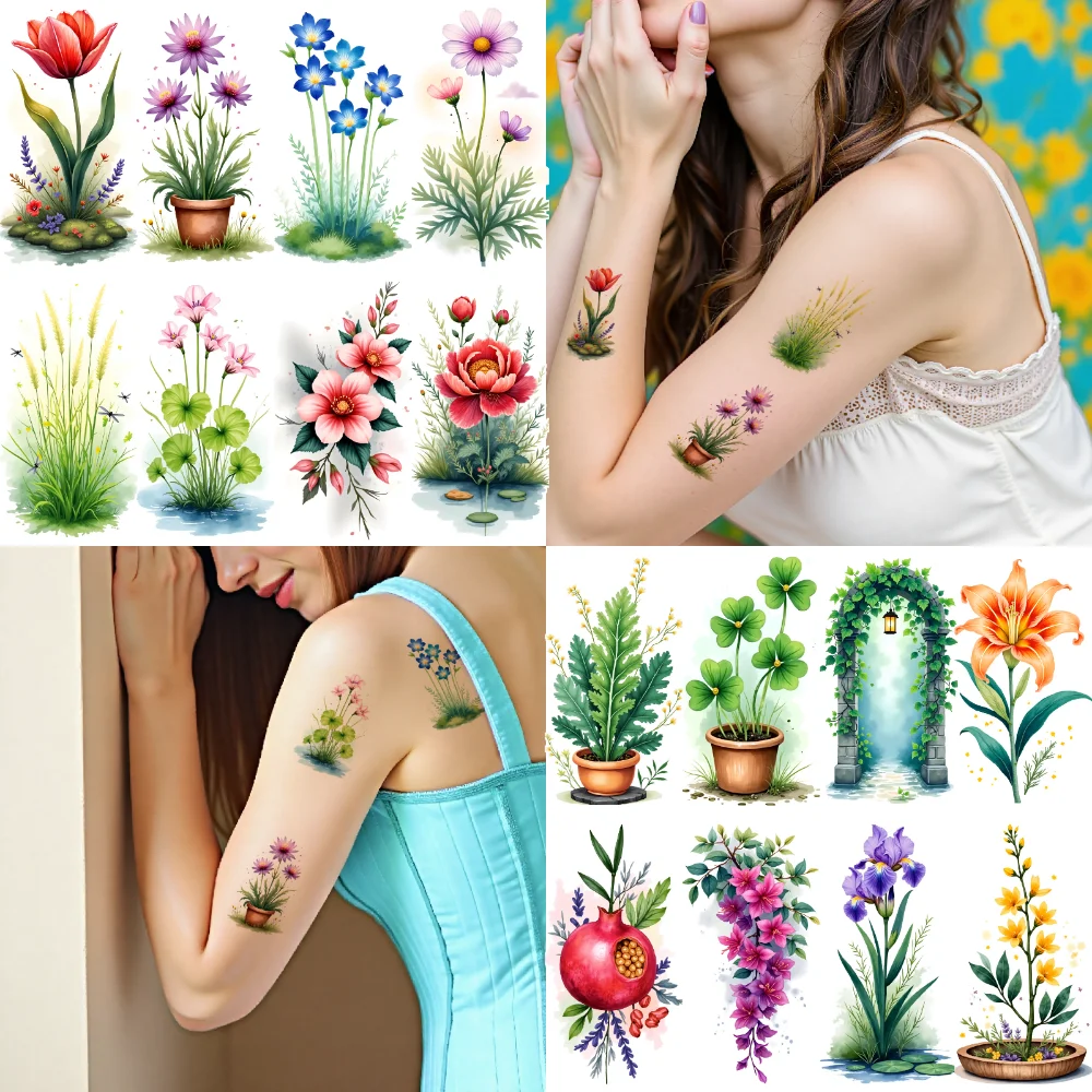 9 قطع من ملصقات زهور الوشم المؤقت المقاومة للماء وملصقات الجسم تدوم طويلاً وتصاميم الأزهار والألوان المائية للفتيات على أكتاف الأسلحة #2