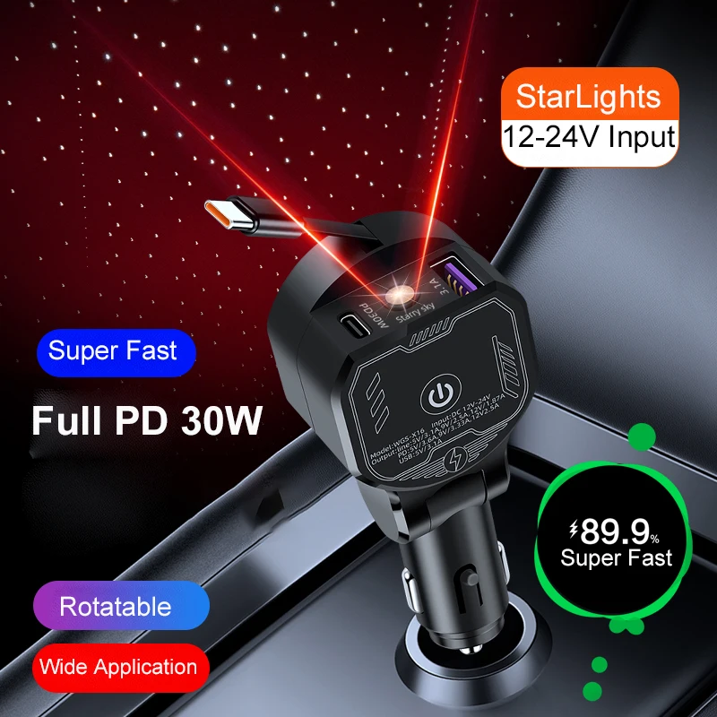 UYUXIO Retractable Car Phone Charger Adapter with Starlight Full PD 30W Super Fast Charging 3 in 1 for Macbook iPhone Samsung
