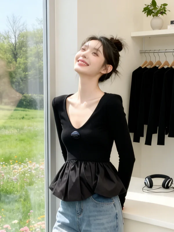 Slim Fit V-Neck Long Sleeve T-Shirt Women's Early Autumn New Style Waist-Cinching Bell Bottoms Splice Design Breathable Skin-...
