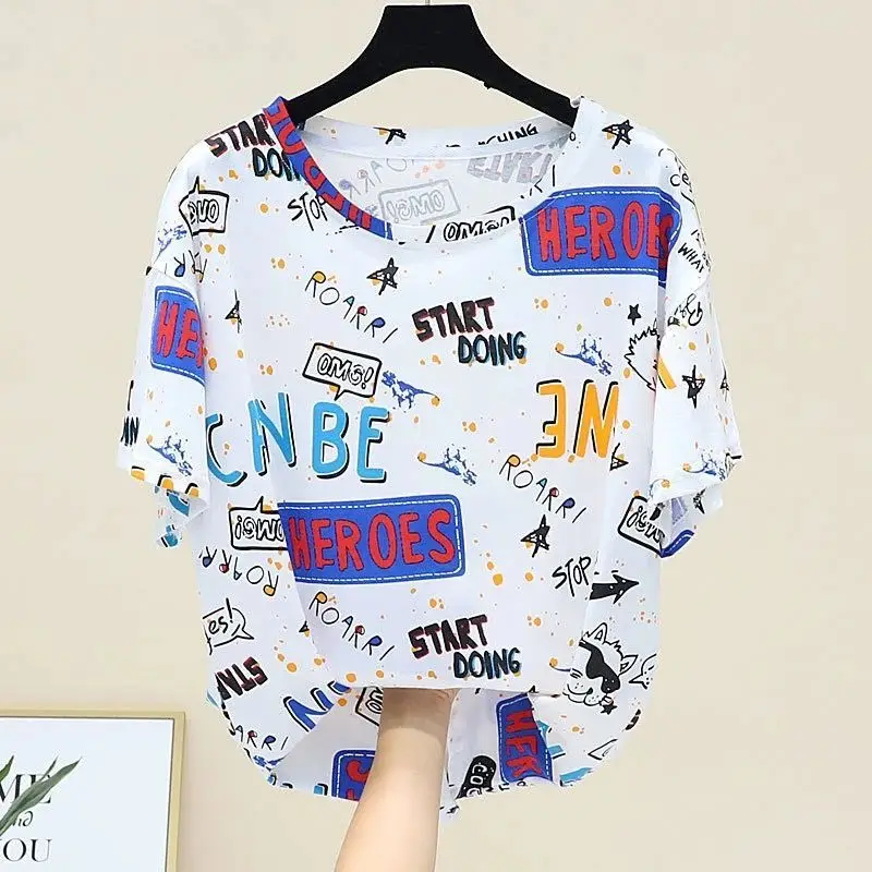 Summer New Thin Letter Printing T Shirts Short Sleeve O-Neck Loose Trend Plus Size Tops Tees Casual Fashion Women Clothing