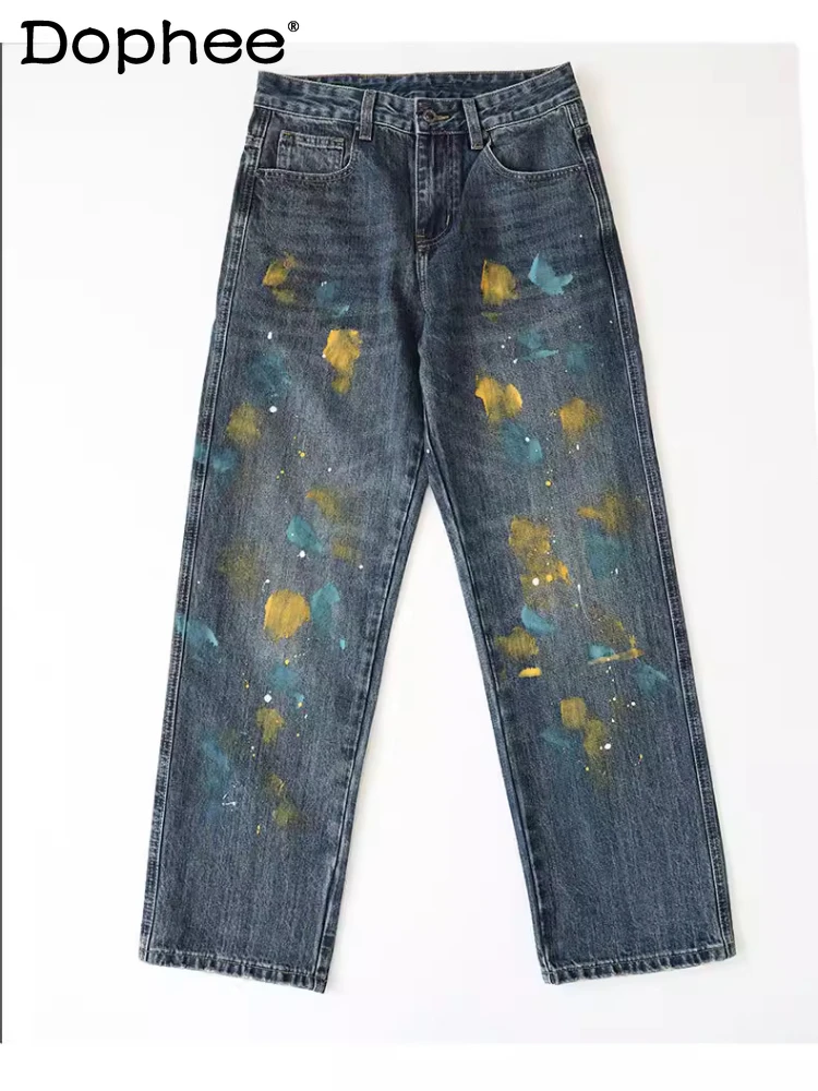 

Модные джинсы с ручной росписью и эффектом чернильных брызг, мужские, весна 2026, новые, свободные, шикарные, прямые, трендовые, длинные джинсовые брюки
