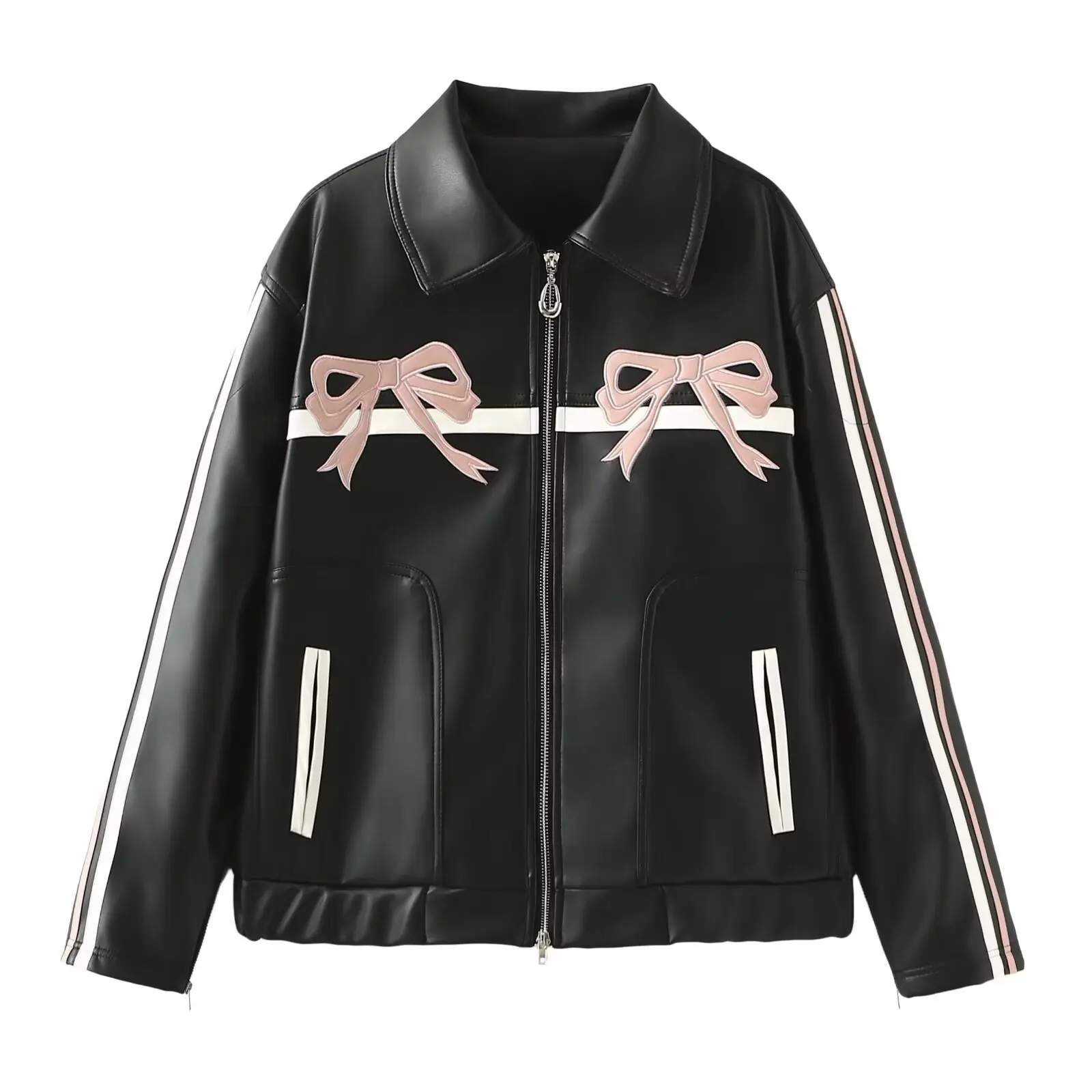 Women\'s Black Cute Sweet Cool Bow Pattern Casual Fashion Leather Coat