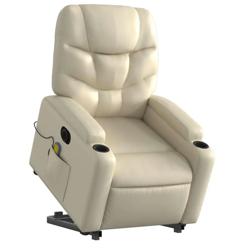 Electric Massage Recliner Chair - Cream Faux Leather Stand Up Armchair with Power Lift, Vibration Massage, Cup Holders