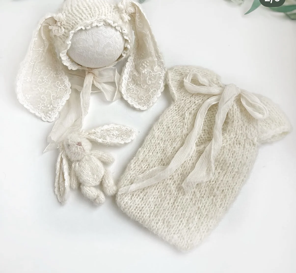 Newborn Baby Photography Props Knitted Bunny Ear Hat Romper Socks Set Infant Photo Shoot Outfit