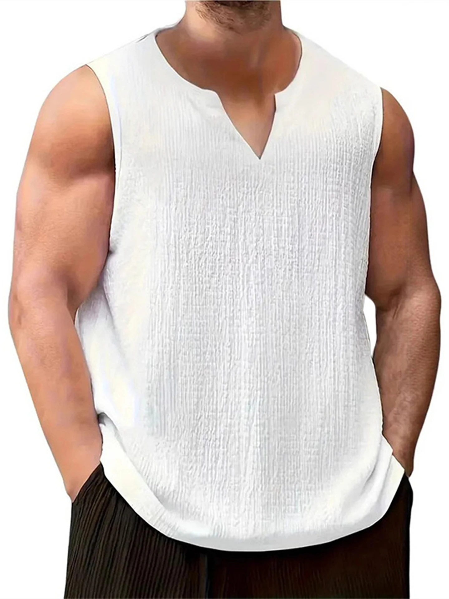 Men's Slim Fit V-Neck Sleeveless T-Shirt Sports Vest Casual Wear Breathable Summer Top Polyester Fabric Straight Hemline
