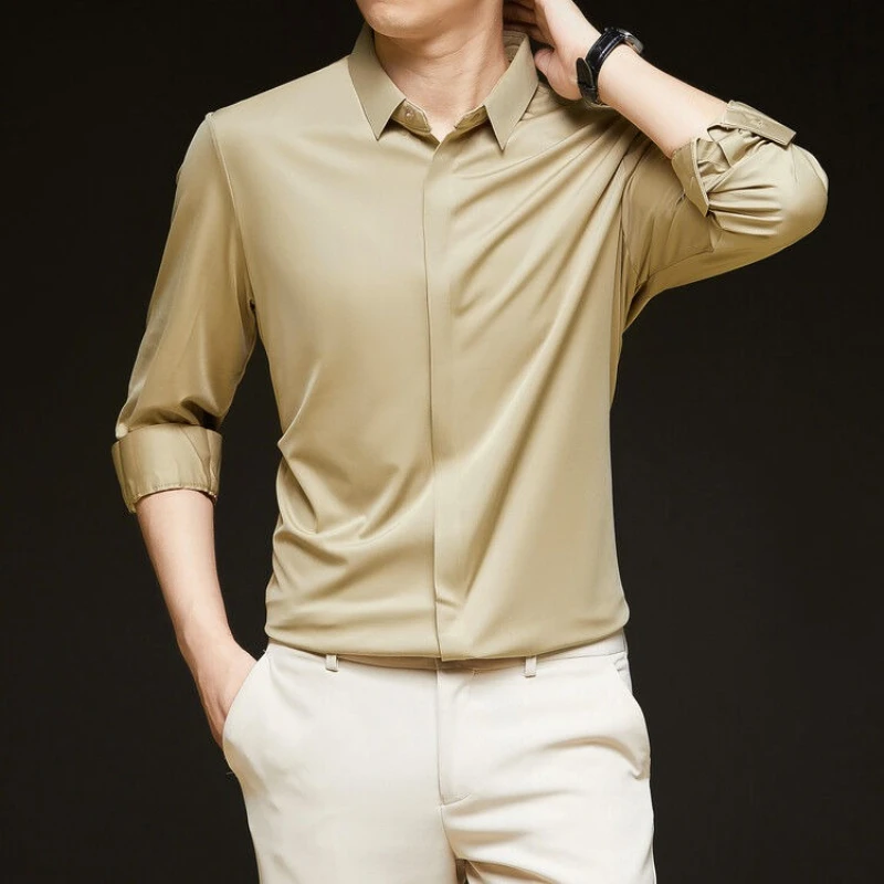 Mulberry Silk Dress Shirts Man Business High End Shirt Wrinkle Resistant Button Invisible Elastic Tops Luxurious Quality Clothes