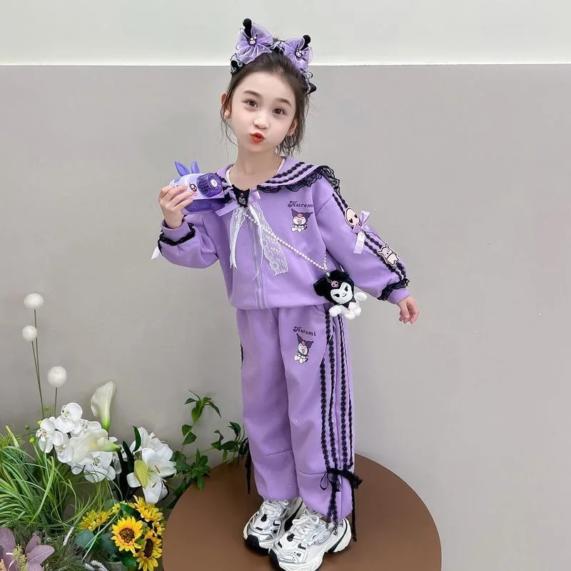 Sanrio Girls Kuromi Suit Spring and Autumn Fashion New Children's Style Sweatshirt Casual Two-piece Set Girls Holiday Gift