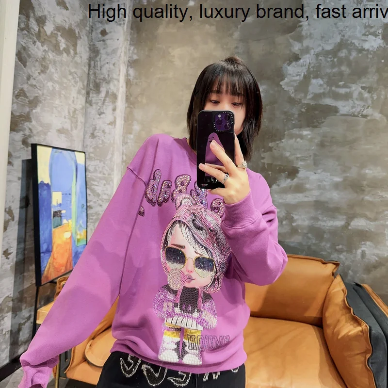 

Drilling Blingbling Hot Gril Purple Women O-neck Pullover Hoodie Top Luxurious Rhinestone Loose Casual Trendy Sweatshirt Cool