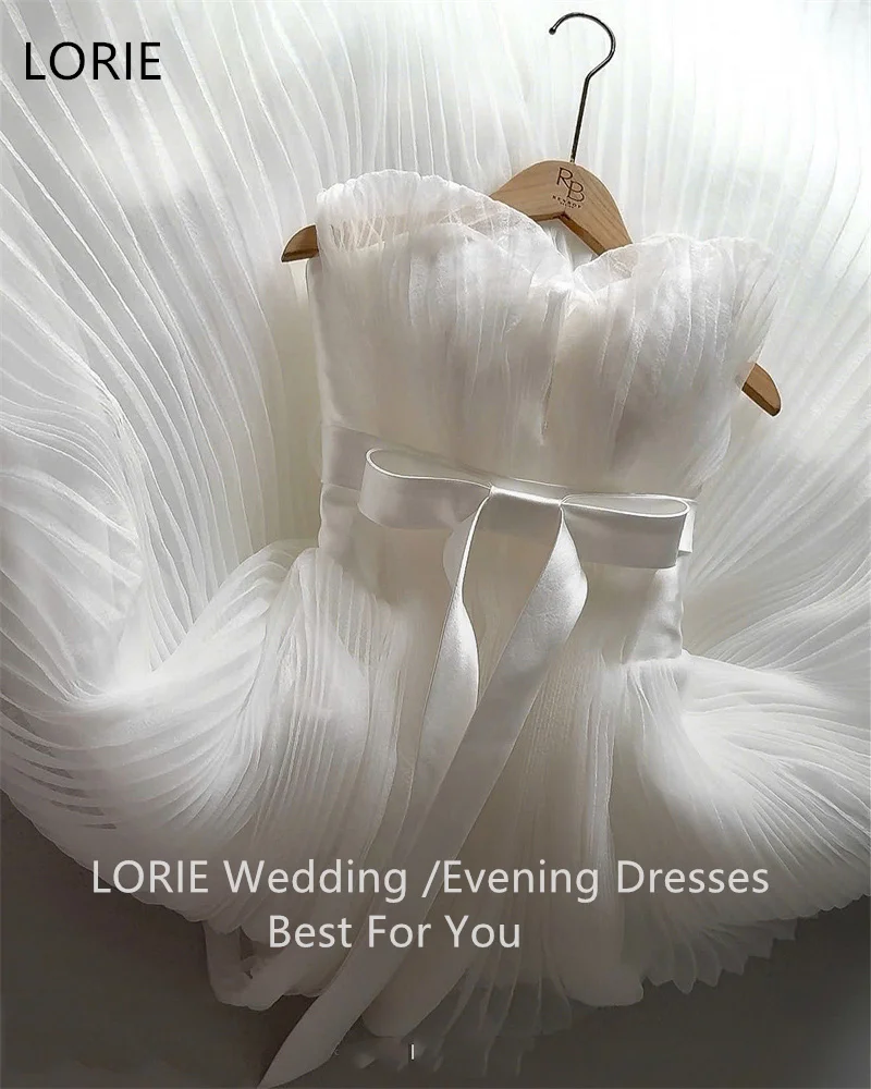 LORIE A-Line Tulle Pleat Wedding Dresses Strapless Floor-Length Deep V-Neck Bride Prom Gown Bow Bridal Gowns Customized