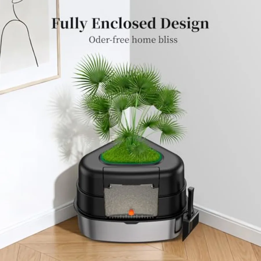 XXL Stainless Steel Corner Cat Litter Box with Lid Enclosed Hidden Plant Litter Box with Artificial Plant Easy-Clean Covered De view 2