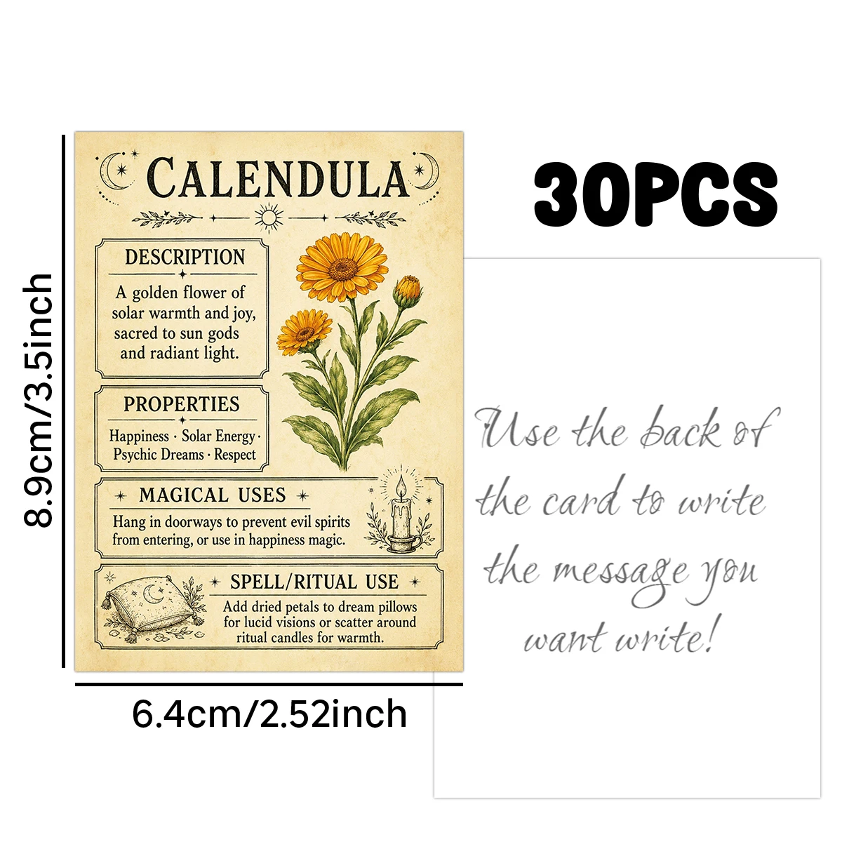 30 Stück Vintage Grimoire Hexerei-Kräuterkarten, Karten mit botanischen Kräuter-Eigenschaften, Pflanzeninformationskarten für Anfänger-Hexen – Detail 6
