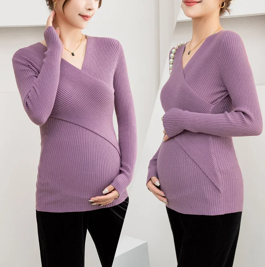 

0625# Autumn Across V Neck Maternity Nursing Sweaters Shirts A Line Hot Breastfeeding Tops Clothes for Pregnant Women Pregnancy