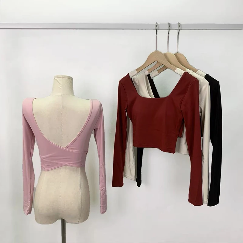 Slimming Crossed Back Yoga Top with Fixed Chest Pads, Long Sleeved Tight Fitting Sports Shirt, Running Fitness Shirt