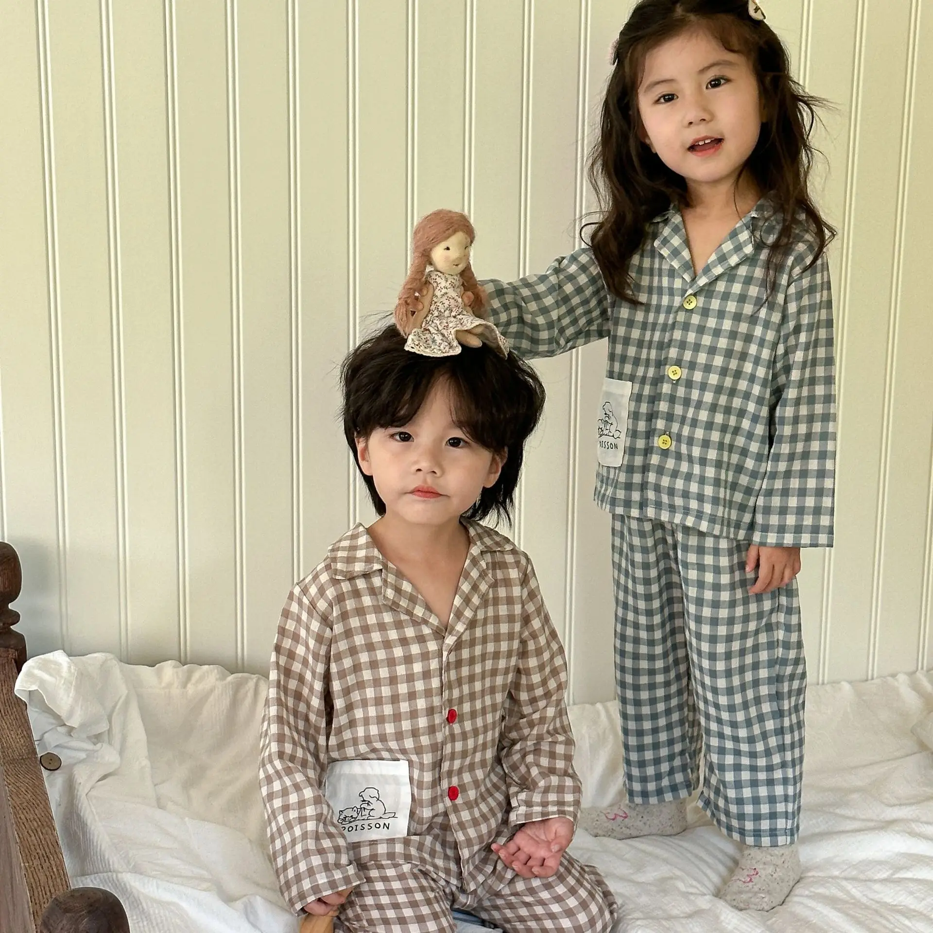 Children clothing cotton soft comfortable plaid pajamas set 2024 new spring fall boys girl fashion casual long sleeved home wear